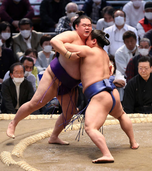 明生（左）を寄り切りで破る若隆景（撮影・鈴木正人）