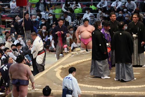 大相撲春場所3日目　物言いの結果を待つ照ノ富士（左下）と宇良（撮影・上田博志）