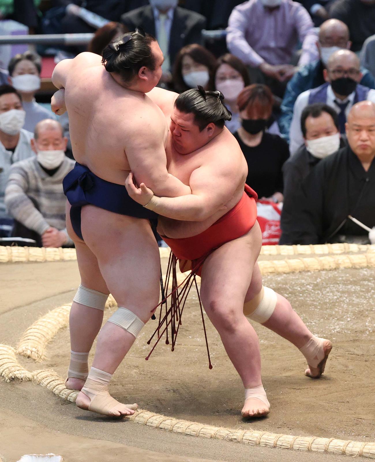 宝富士（左）を寄り切りで破る阿武咲（撮影・上田博志）