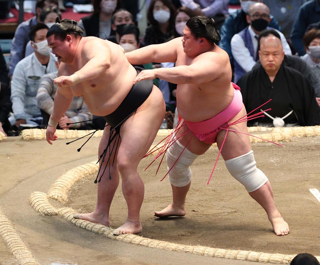宇良（右）は送り出しで正代を破る（撮影・上田博志）