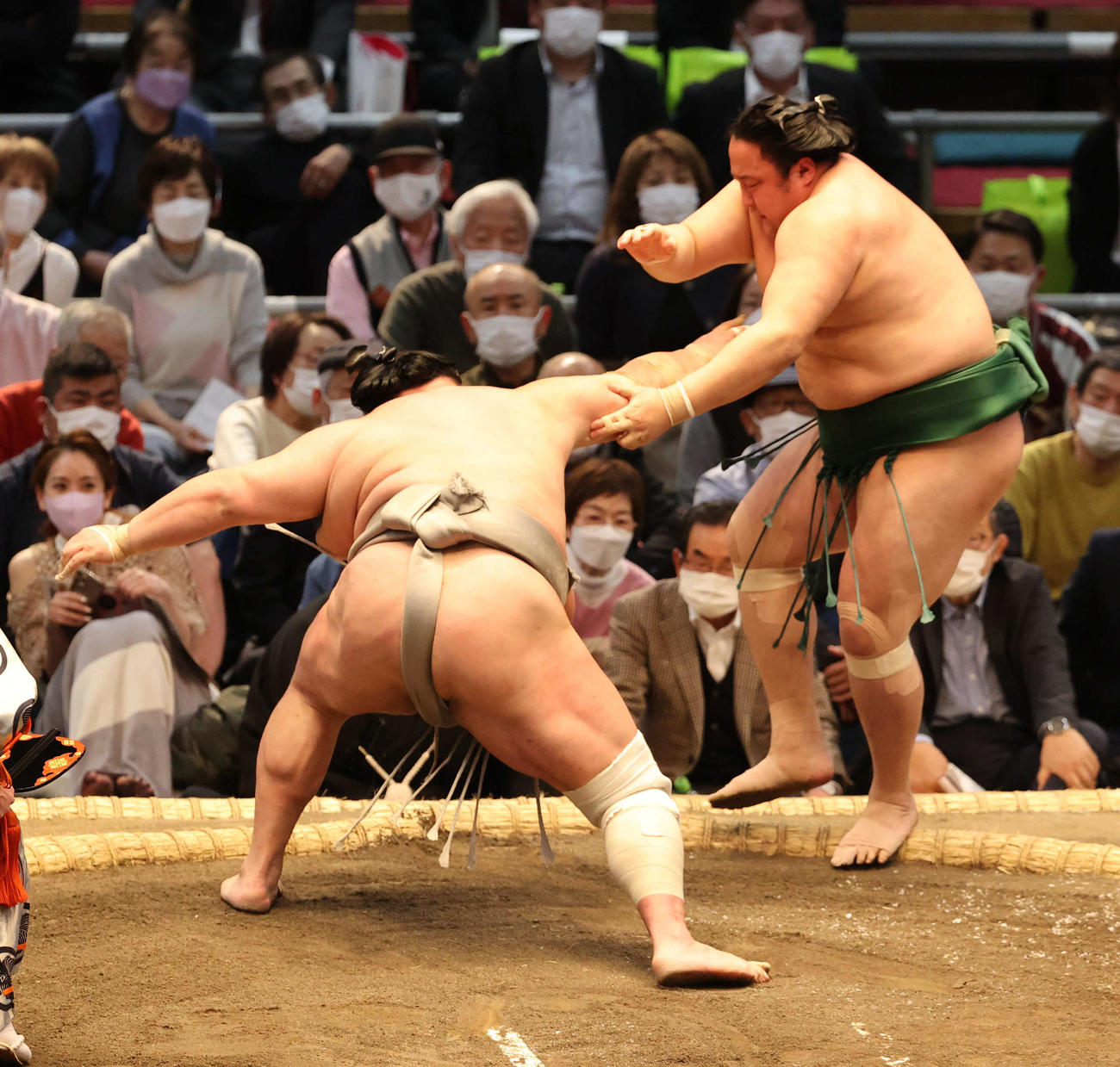 北勝富士が佐田の海を押し出す（撮影・渦原淳）