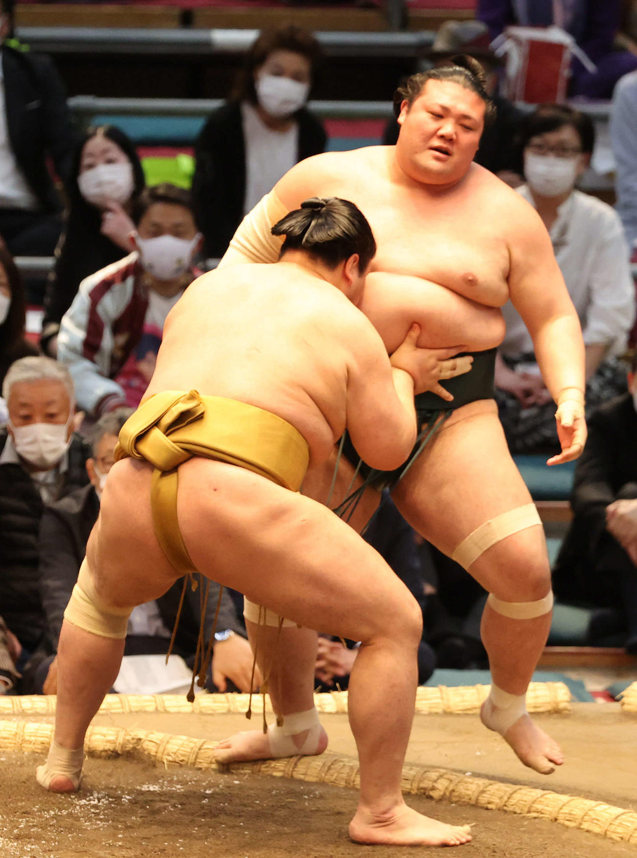 輝が	豊山を寄り切る（撮影・渦原淳）