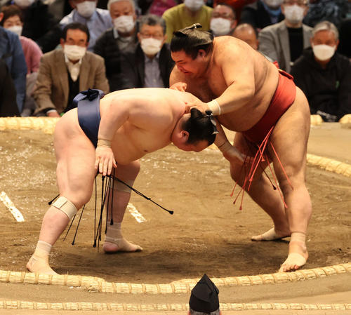 宝富士を突き落としに破る高安（撮影・渦原淳）