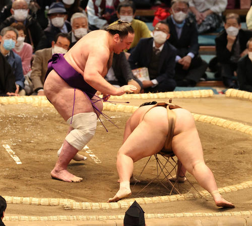 荒篤山を押し出しで破る栃ノ心（撮影・渦原淳）
