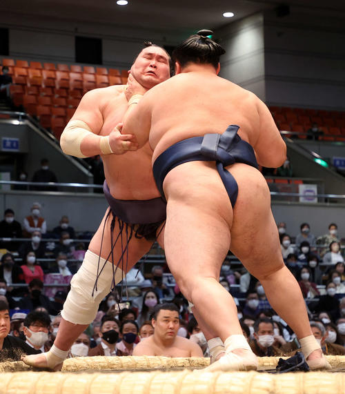玉鷲（手前）に押し倒しで敗れる照ノ富士（撮影・鈴木正人）
