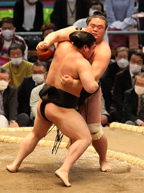 妙義龍を寄り切る若元春（撮影・渦原淳）