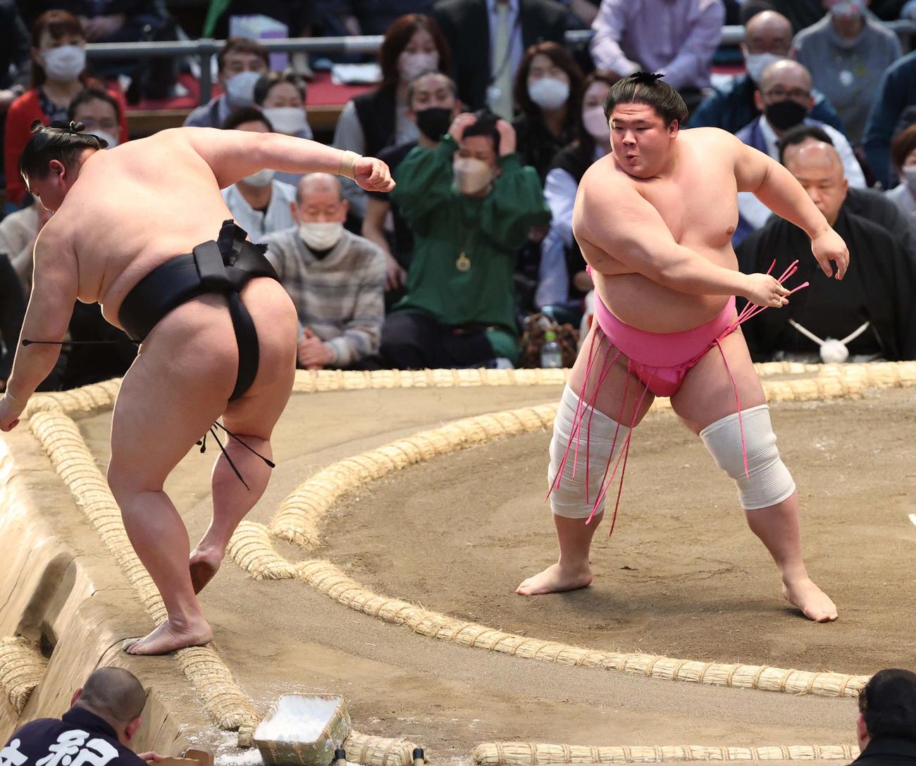 大相撲春場所4日目　宇良（右）は送り出しで正代を破る（撮影・上田博志）