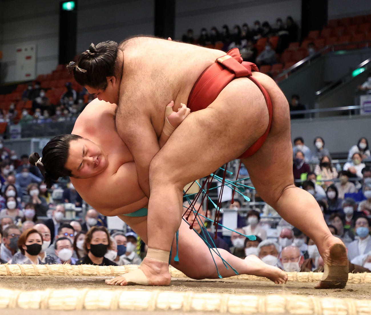 琴ノ若（後方）を上手投げで破る高安（撮影・鈴木正人）