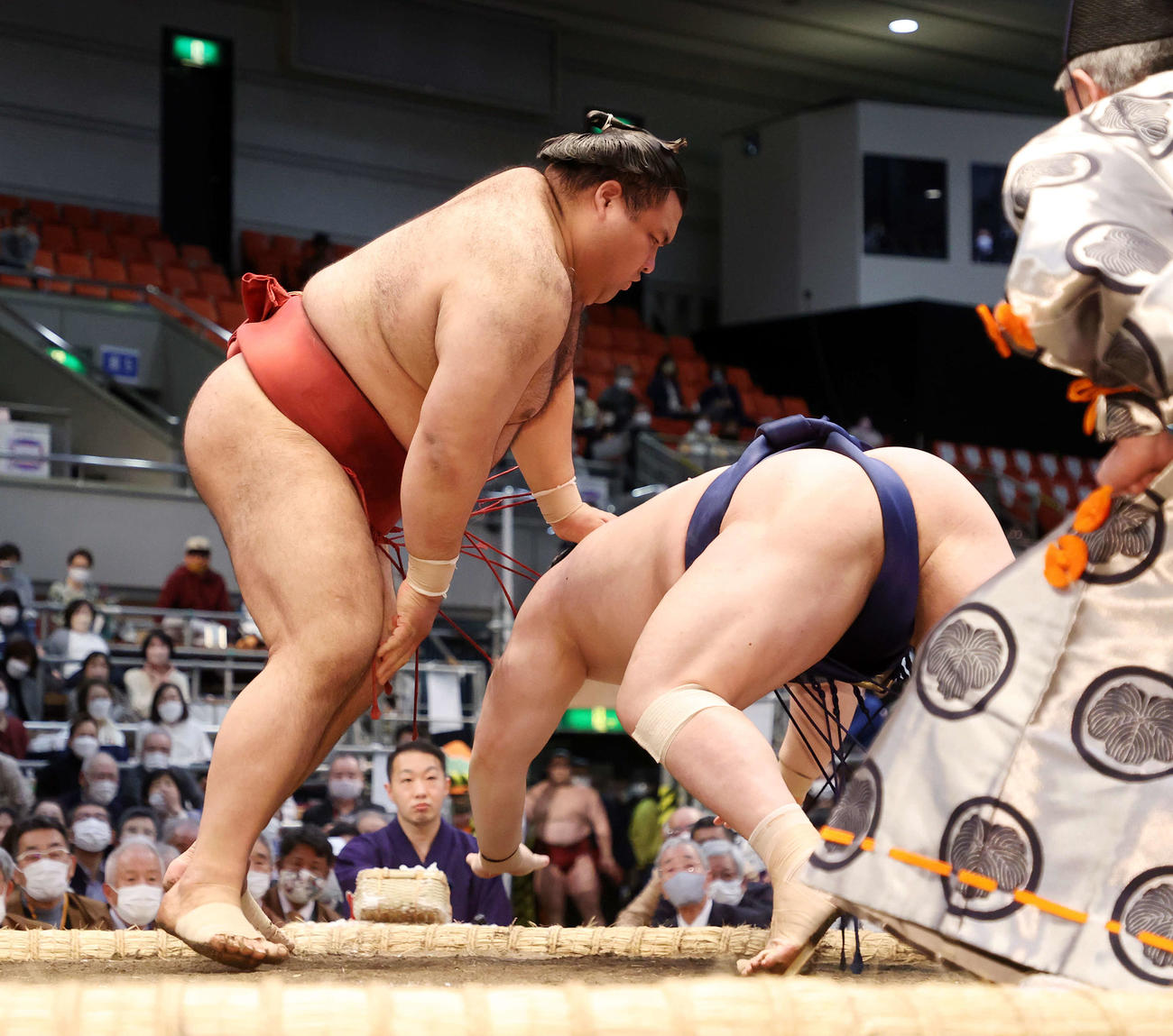 宝富士（右）を突き落としで破る高安（撮影・鈴木正人）