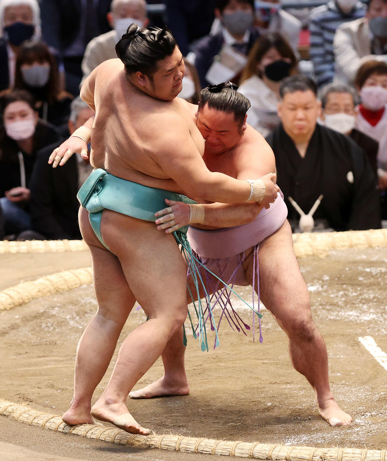 天空海（左）を寄り切りで破る琴恵光（撮影・鈴木正人）
