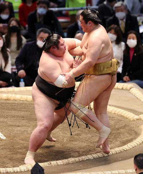 輝（右）を寄り切りで破る剣翔（撮影・鈴木正人）