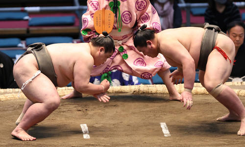 錦国（右）に鋭い立ち合いで攻める新隆山（撮影・鈴木正人）