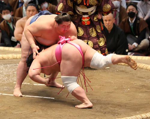 逸ノ城（左）が宇良をはたきこむ（撮影・渦原淳）