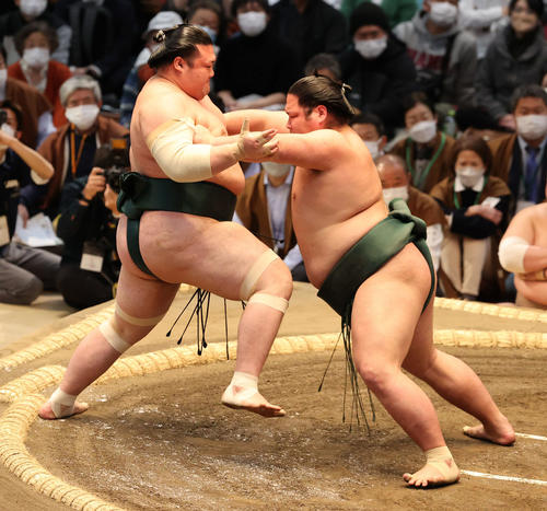 錦木（右）が豊山を押し出す（撮影・渦原淳）