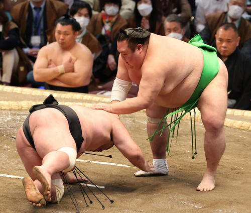 千代丸（右）が突き倒しで妙義龍を破る（撮影・渦原淳）