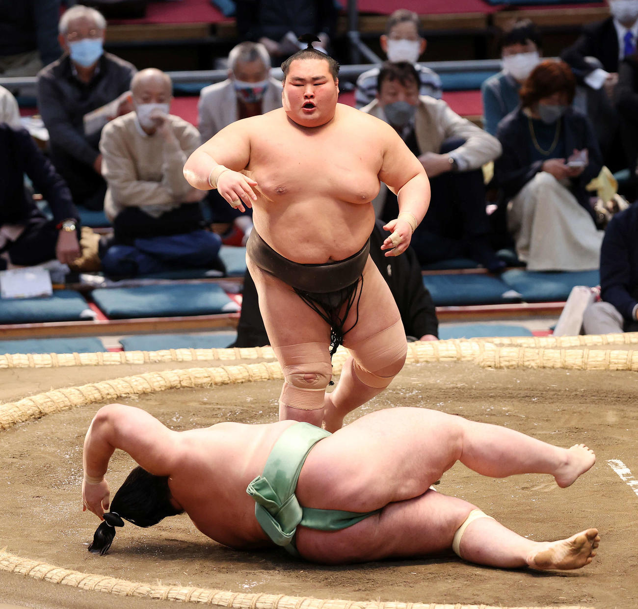 貴健斗（手前）をはたき込みで破った栃丸（撮影・鈴木正人）