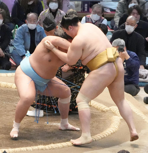琴勝峰（左）は寄り切りで輝を破る（撮影・小沢裕）
