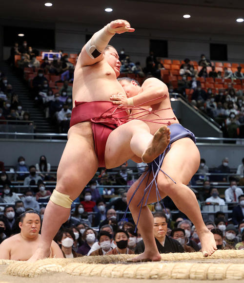 大栄翔（左）を送りつり落としで破る若隆景（撮影・鈴木正人