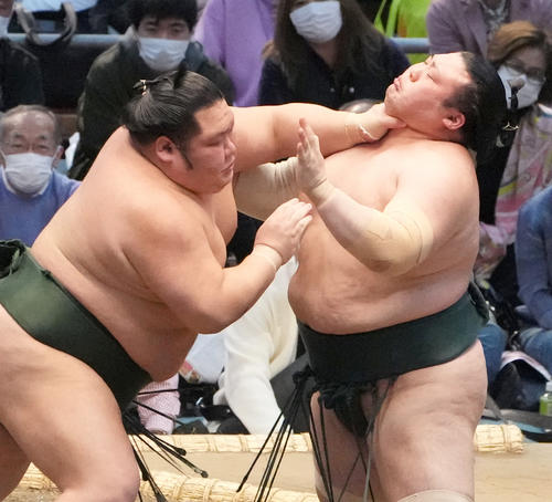 千代大龍（左）は豊山をのど輪で攻める（撮影・小沢裕）