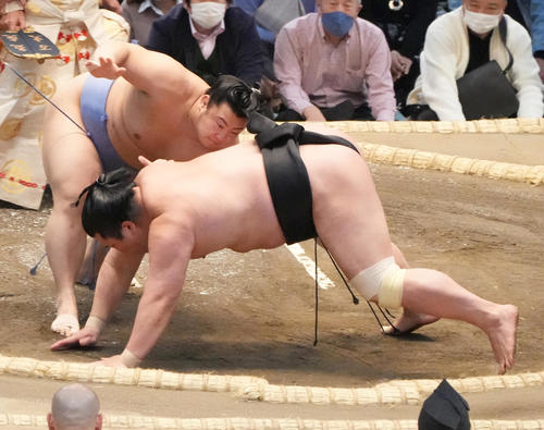 錦木（右）は碧山を押し出しで破る（撮影・小沢裕）