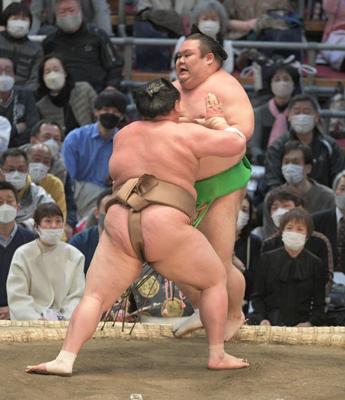 千代丸を突き出す荒篤山（撮影・渦原淳）