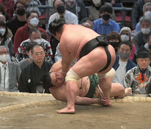 妙義龍が小手投げで隠岐の海を破る（撮影・渦原淳