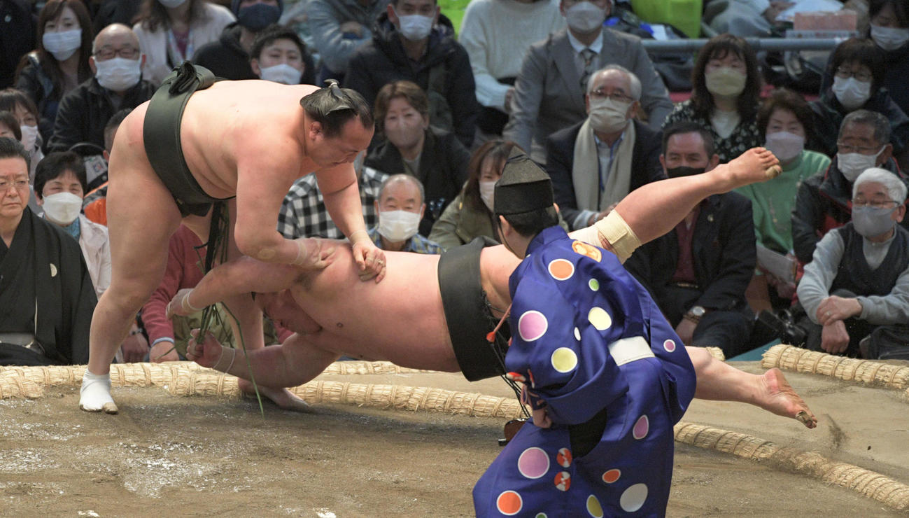 千代翔馬が妙義龍をはたきこむ（撮影・渦原淳）