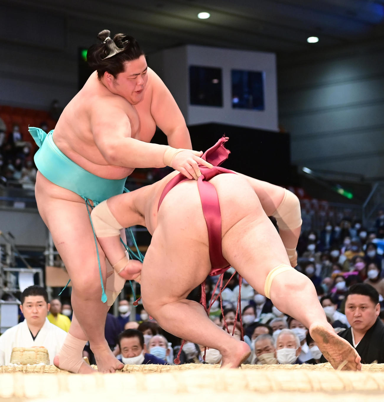 大栄翔（右）をはたき込みで破る琴ノ若（撮影・小沢裕）