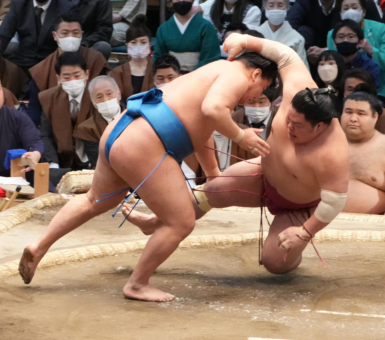 豊昇龍（左）は渡し込みで大栄翔を破る（撮影・小沢裕）