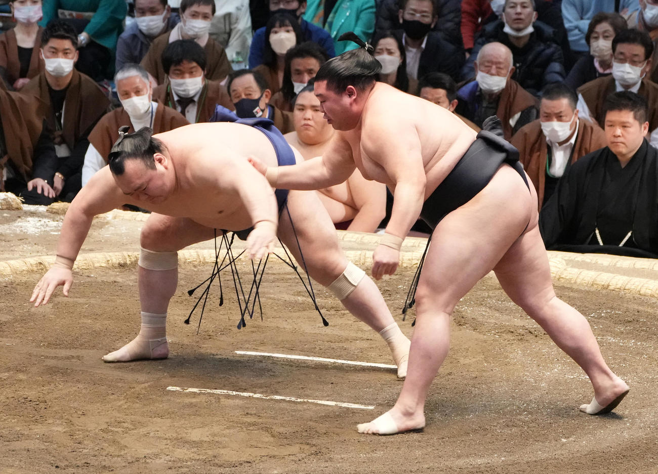 正代は宝富士（左）を突き落としで破る（撮影・小沢裕）