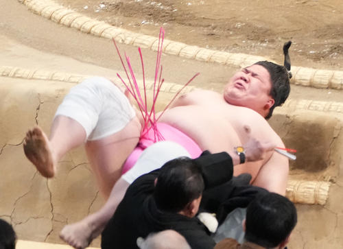 玉鷲に小手投げで敗れた宇良は土俵下へ転げ落ち審判を務める玉垣親方（右）に直撃する（撮影・小沢裕）