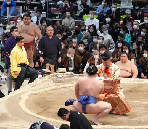 1敗を喫した高安（左）は勝ち名乗りを受ける若隆景を見つめる（撮影・小沢裕）