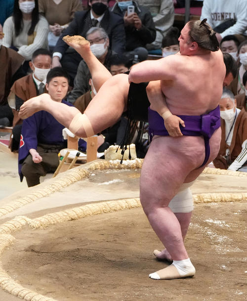栃ノ心(右)はつり出しで照強を破る(撮影・小沢裕)