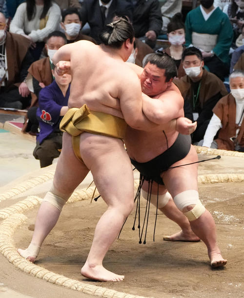 輝(左)を土俵際へ攻め込む妙義龍(撮影・小沢裕)