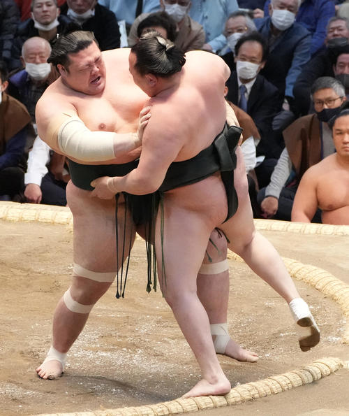 豊山(左)は千代翔馬を寄り切りで破る(撮影・小沢裕)