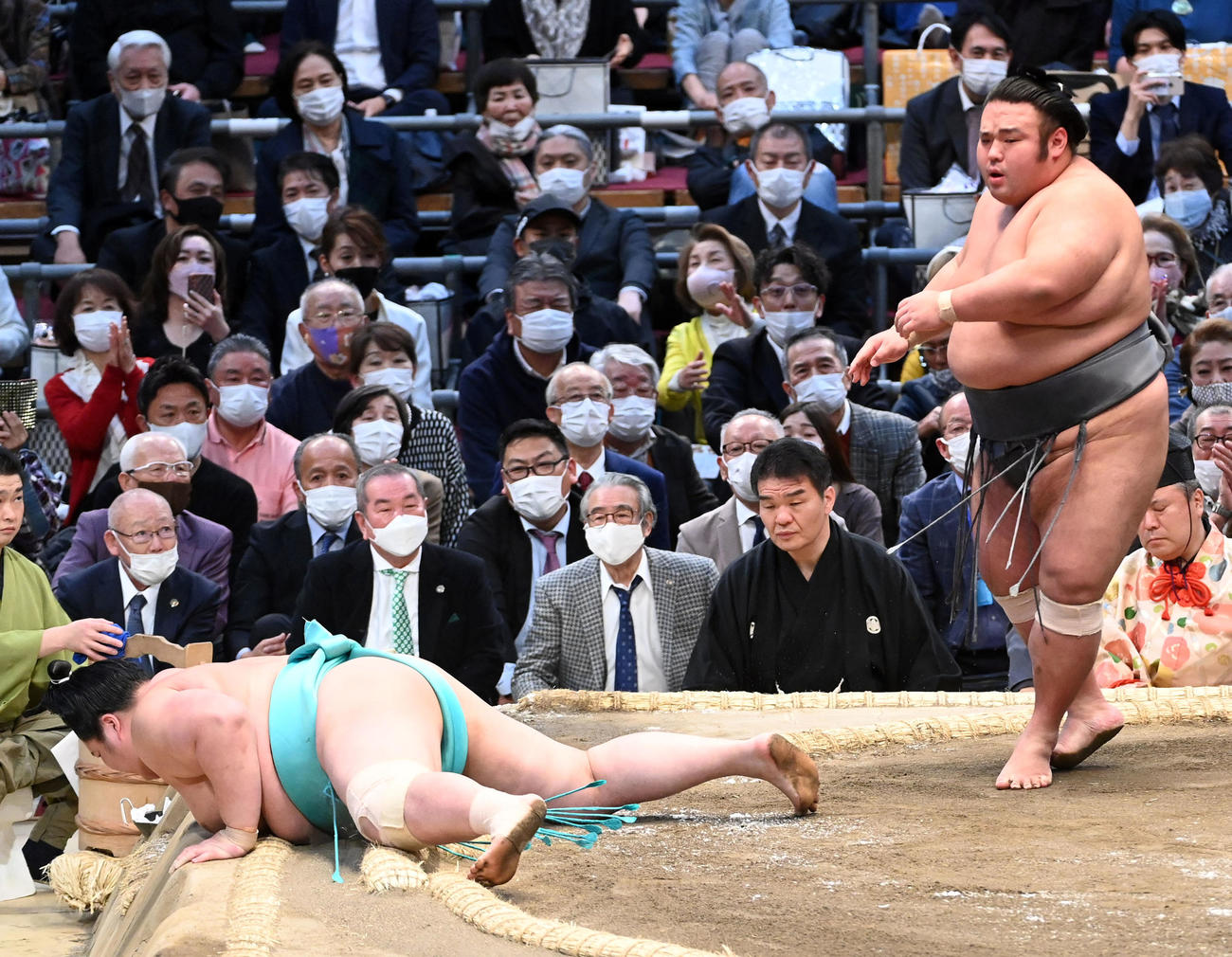 貴景勝（右）は琴ノ若を突き落としで破る（撮影・前岡正明）
