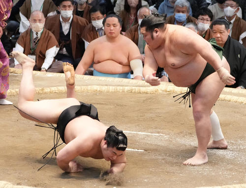 千代大龍（右）は若元春をはたき込みで破る（撮影・小沢裕）