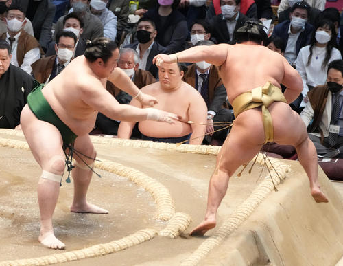 佐田の海（左）は石浦を押し出しで破る（撮影・小沢裕）