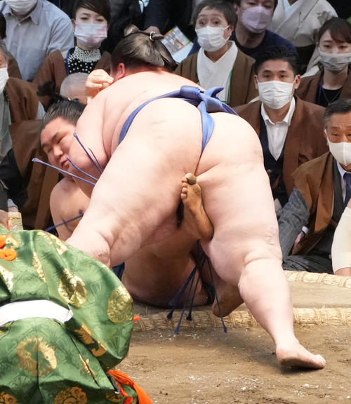 逸ノ城は豊昇龍（左）を浴びせ倒しで破る（撮影・小沢裕）