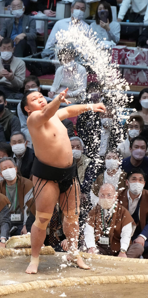 豪快に塩をまく照強（撮影・小沢裕）