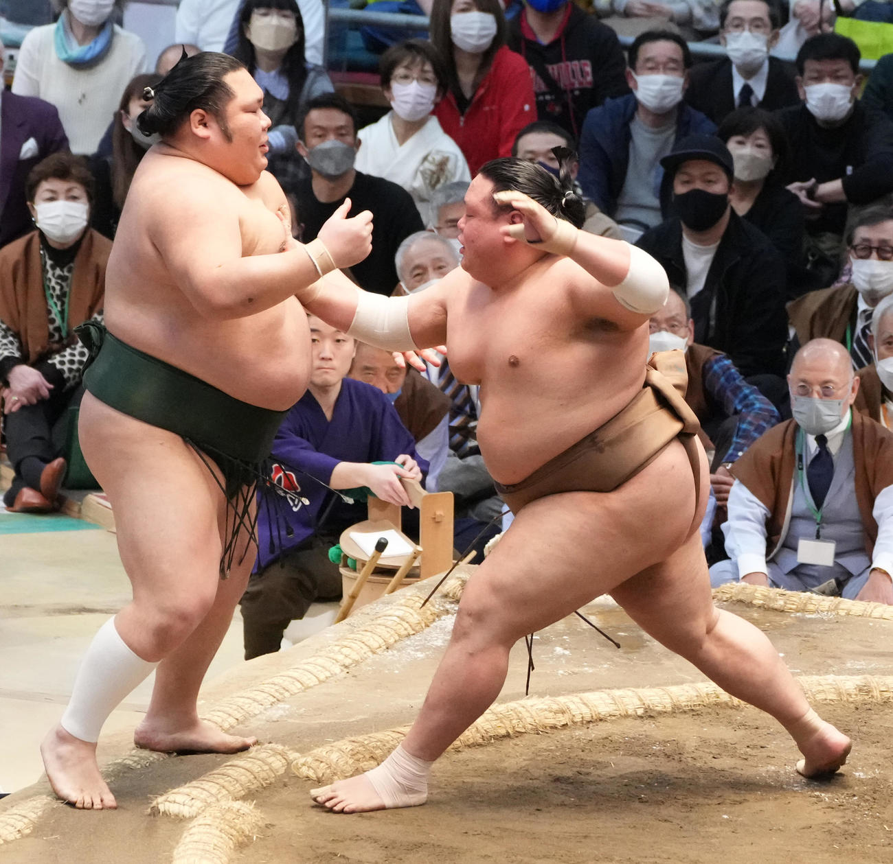 荒篤山（右）は押し出しで千代大龍を破る（撮影・小沢裕）