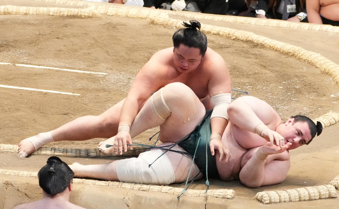 琴勝峰は碧山（下）を押し倒しで破る（撮影・小沢裕）