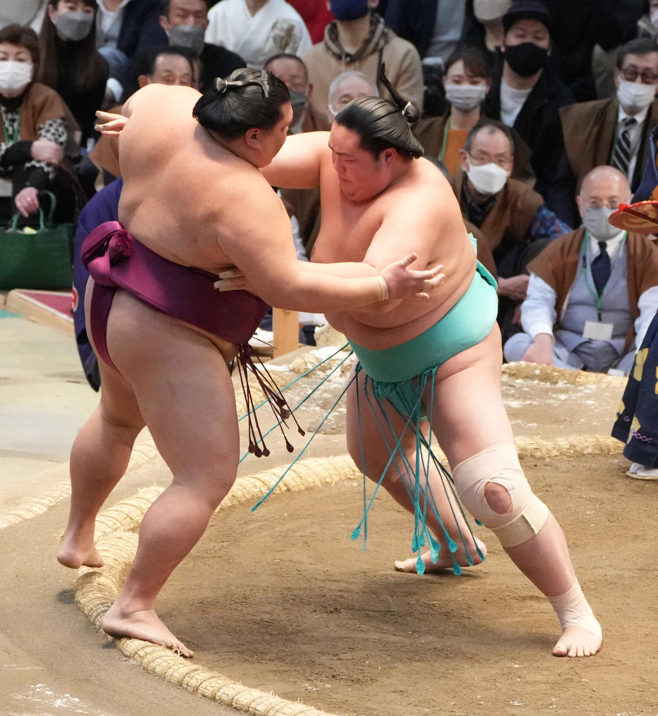 琴ノ若（右）は御嶽海を押し出しで破る（撮影・小沢裕）