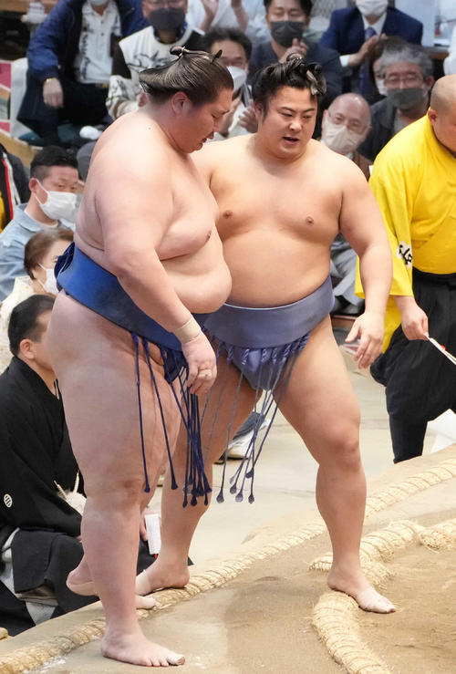 翔猿（右）は逸ノ城を寄り切りで破る（撮影・小沢裕）