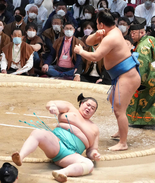 琴ノ若（左）は豊昇龍に下手出し投げで敗れる（撮影・小沢裕）
