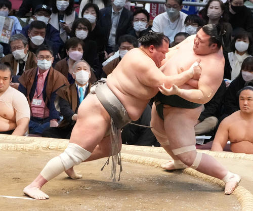 北勝富士（左）は豊山を押し出しで破る（撮影・小沢裕）