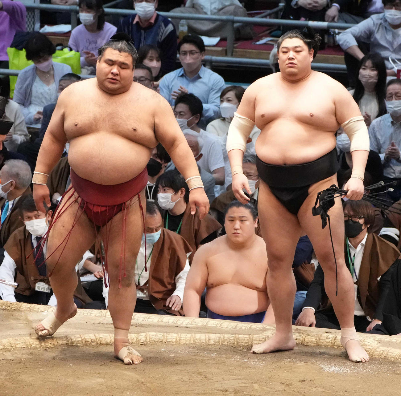 高安（左）は阿炎に送り倒しで敗れる。中央は若隆景（撮影・小沢裕）