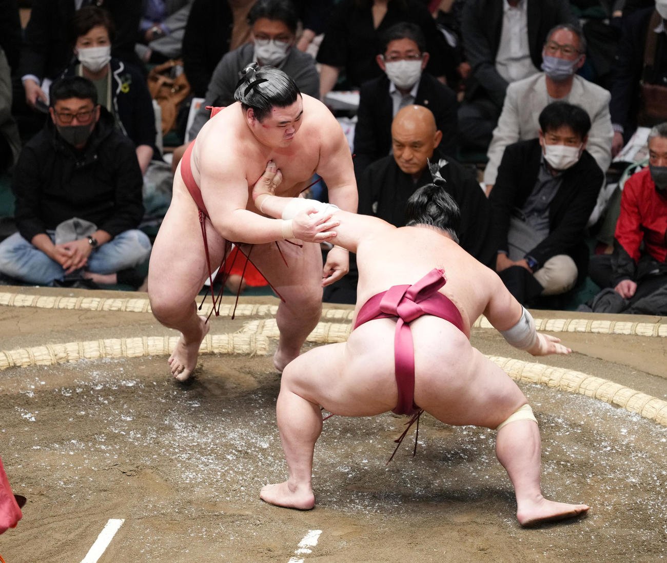 大栄翔（右）を突き落としで破る隆の勝（撮影・菅敏）