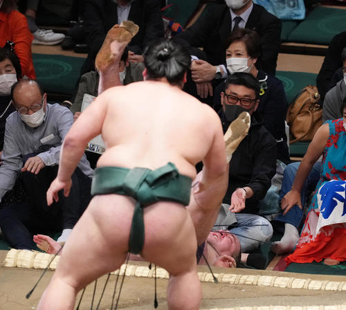 錦木（手前）に押し倒しで敗れ、土俵から落ちる栃ノ心（撮影・菅敏）