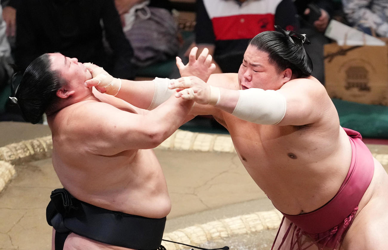 正代（左）を攻める大栄翔（撮影・菅敏）